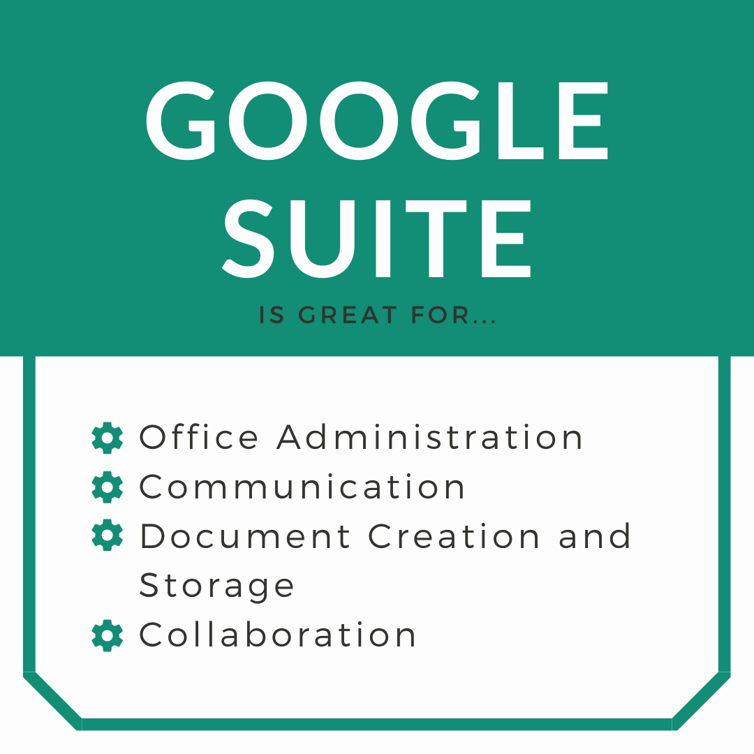 G Suite is helpful for so many things! Office administration, communication, document creation and storage and ton's of collaboration opportunities. 
